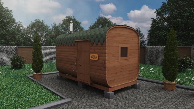 Баня бочка 4 метра с боковым входом, темный орех