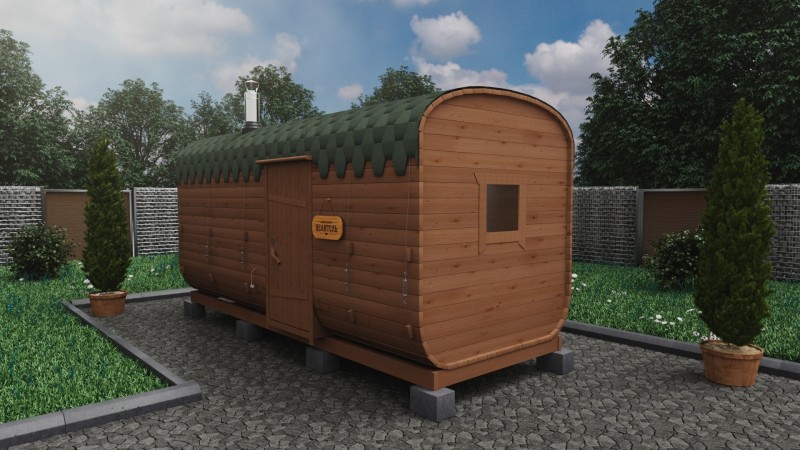 Баня бочка 5 метров с боковым входом, темный орех