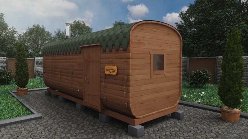 Баня бочка 6 метров с боковым входом, темный орех