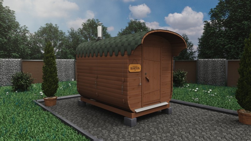 Баня бочка 3 метра с козырьком, темный орех