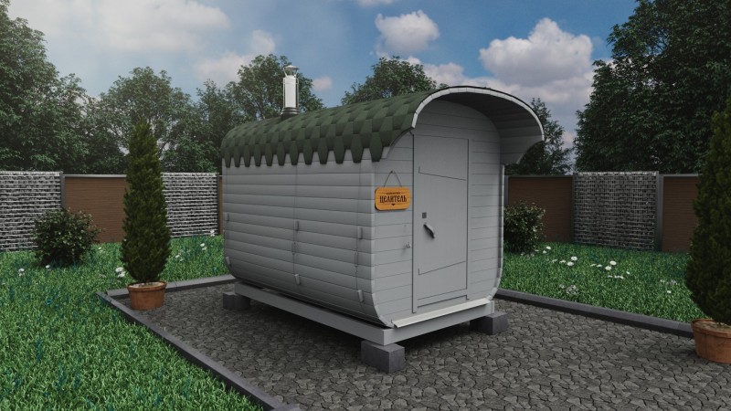 Баня бочка 3 метра с козырьком, альп. утро