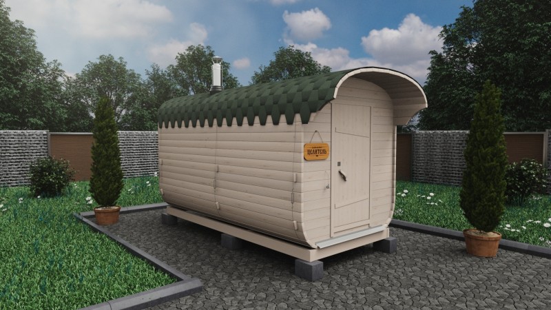 Баня бочка 4 метра с козырьком, береза