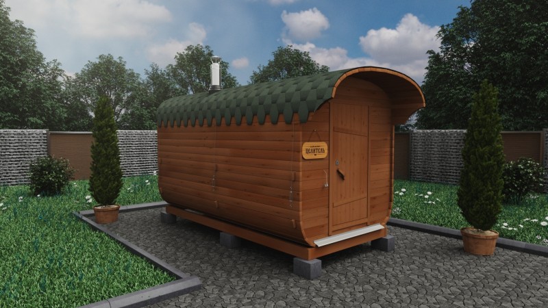 Баня бочка 4 метра с козырьком, ольха