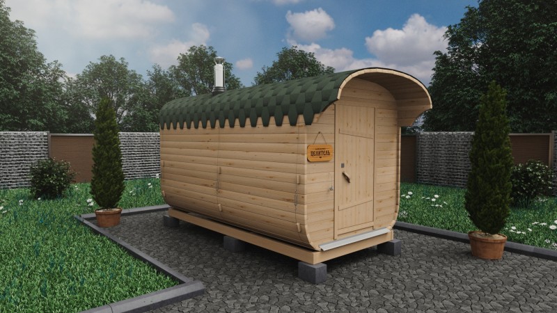 Баня бочка 4 метра с козырьком, натуральное дерево