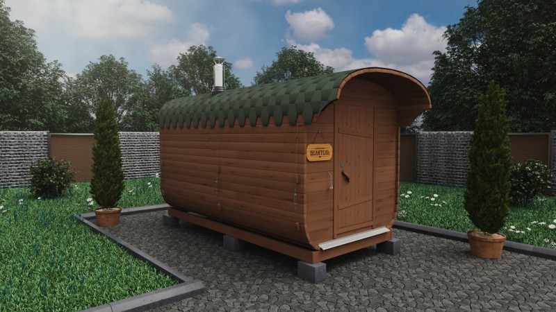 Баня бочка 4 метра с козырьком, темный орех