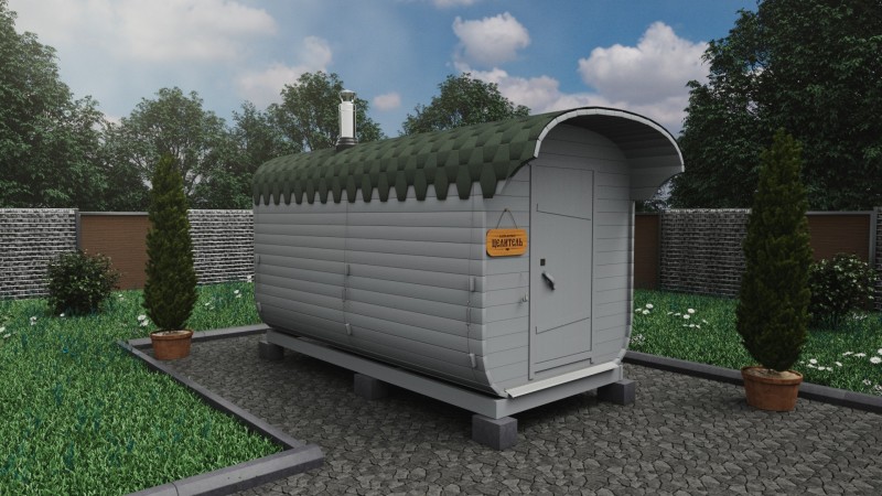 Баня бочка 4 метра с козырьком, альп. утро