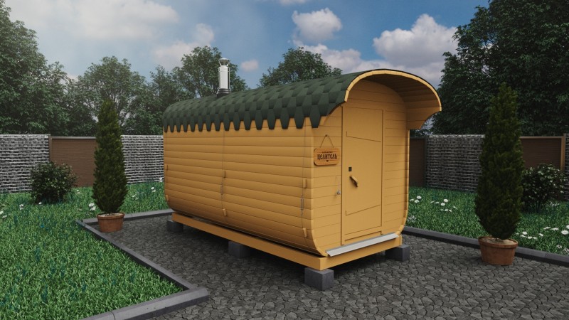 Баня бочка 4 метра с козырьком, карамель