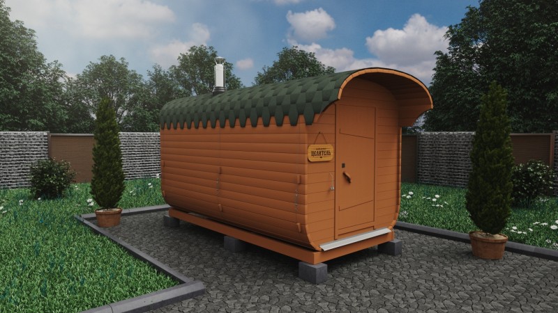 Баня бочка 4 метра с козырьком, имбирь