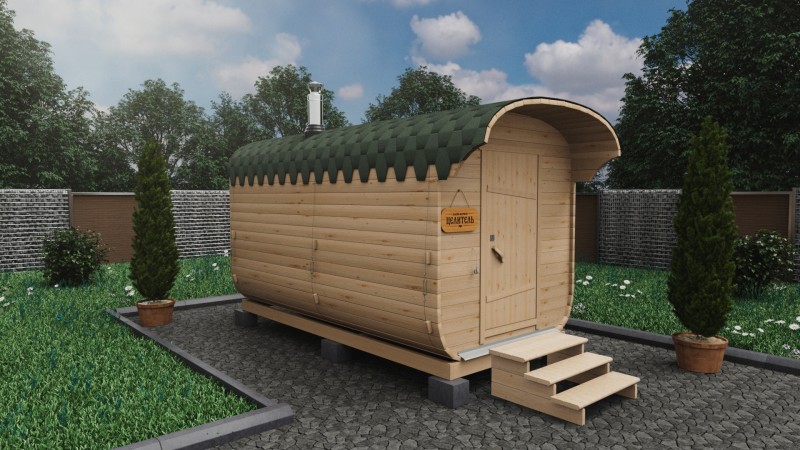 Баня бочка 4 метра с козырьком