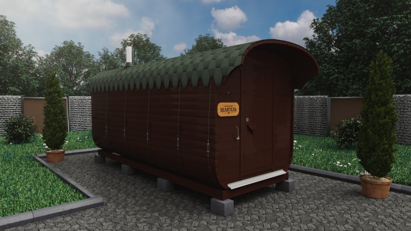 Баня бочка 5 метров с козырьком, шоколад