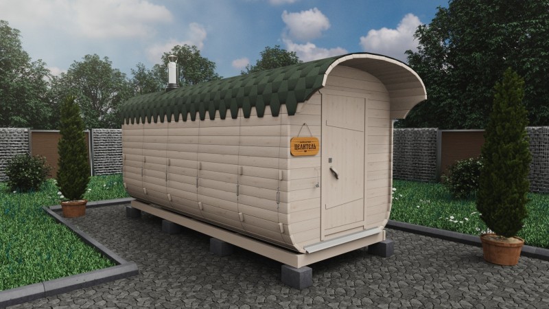 Баня бочка 5 метров с козырьком, береза