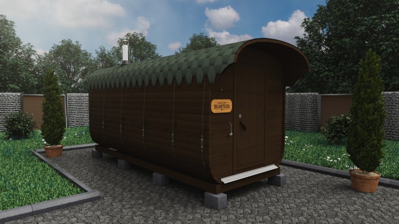 Баня бочка 5 метров с козырьком, черешня