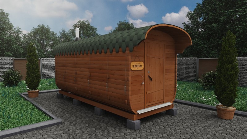 Баня бочка 5 метров с козырьком, ольха