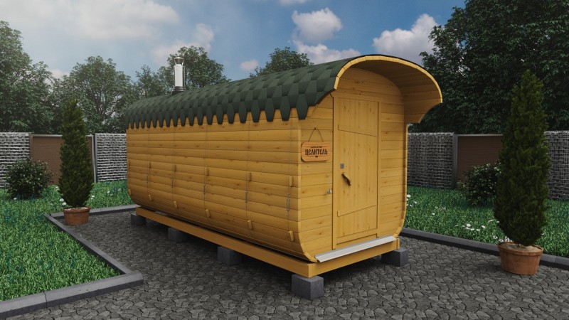 Баня бочка 5 метров с козырьком, подсолнух