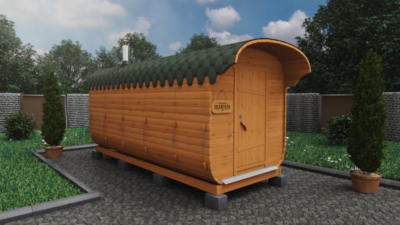 Баня бочка 5 метров с козырьком, сосна