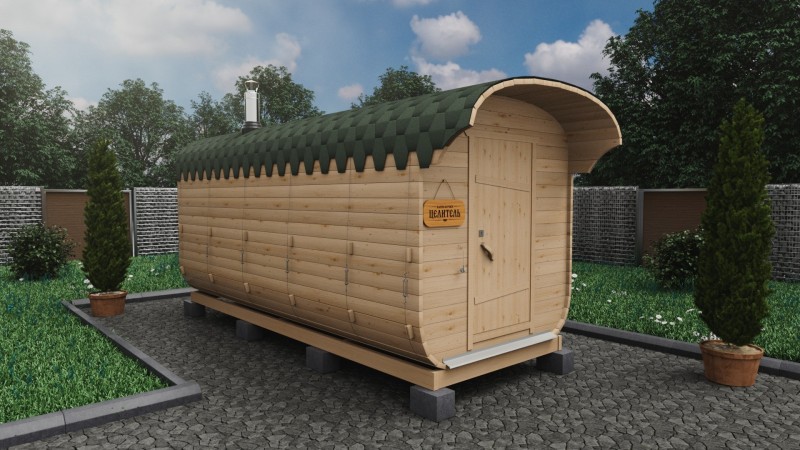 Баня бочка 5 метров с козырьком, натуральное дерево