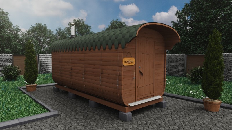 Баня бочка 5 метров с козырьком, темный орех