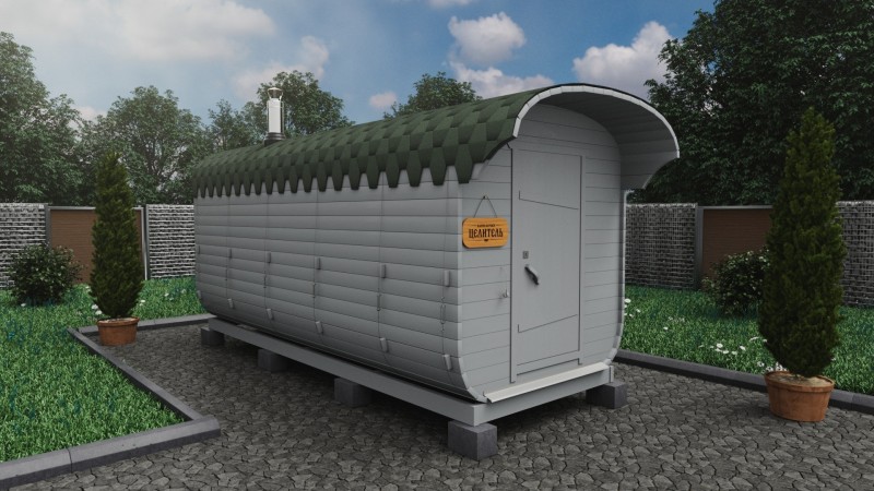 Баня бочка 5 метров с козырьком, альп. утро