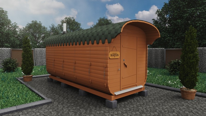 Баня бочка 5 метров с козырьком, имбирь