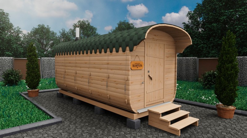 Баня бочка 5 метров с козырьком