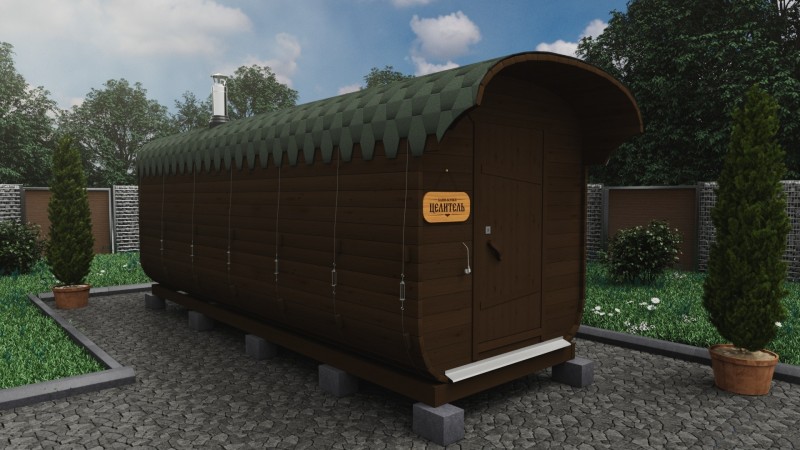 Баня бочка 6 метров с козырьком, черешня