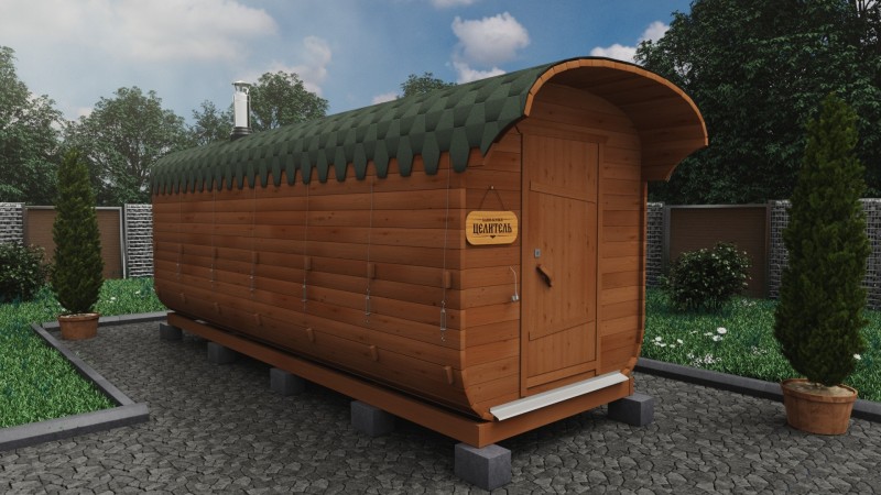 Баня бочка 6 метров с козырьком, ольха