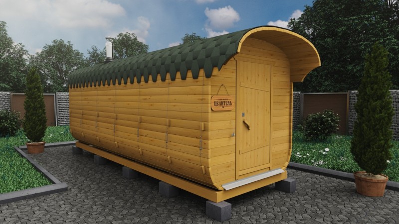 Баня бочка 6 метров с козырьком, подсолнух