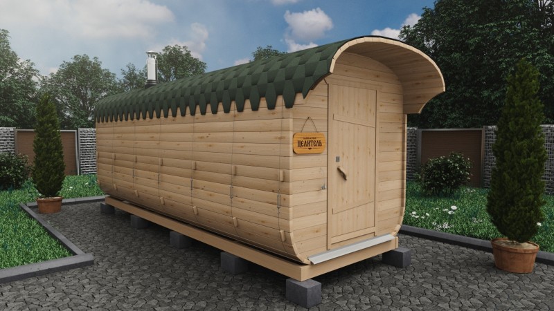 Баня бочка 6 метров с козырьком, натуральное дерево