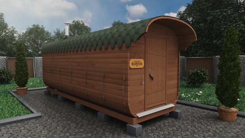 Баня бочка 6 метров с козырьком, темный орех