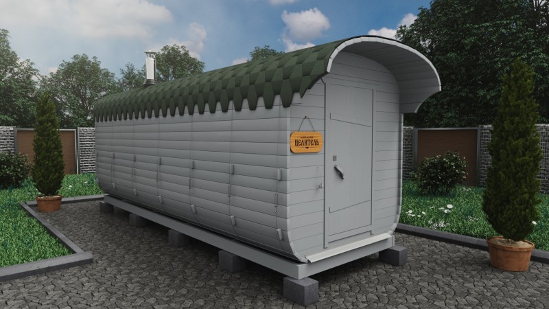 Баня бочка 6 метров с козырьком, альп. утро