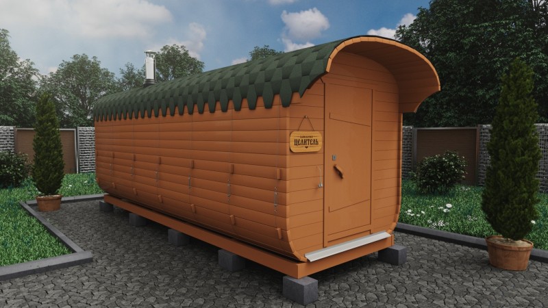 Баня бочка 6 метров с козырьком, имбирь