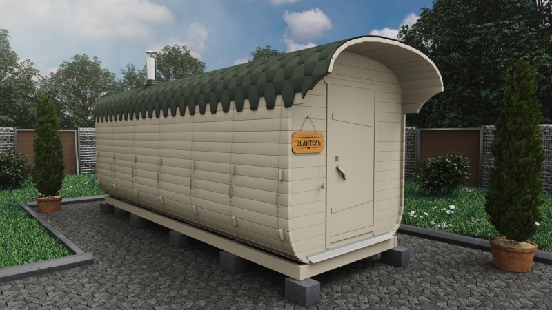 Баня бочка 6 метров с козырьком, топленое молоко