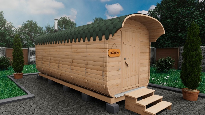 Баня бочка 6 метров с козырьком